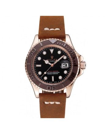 Rolex Yacht-Master Black Dial Brown Bezel Rose Gold Case Brown Leather Bracelet 1453860